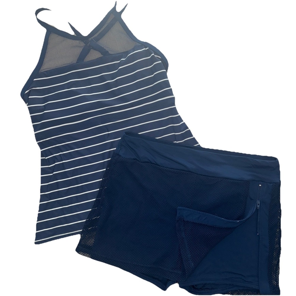 Beach House Striped Blue & White Tankini Top & Boy Shorts Built In Bra Size 12